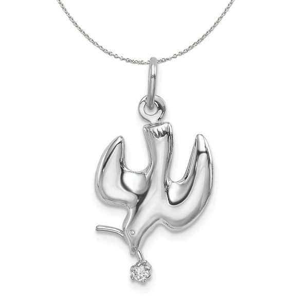 Silver and Cubic Zirconia Polished Dove with Branch Necklace - 16 In